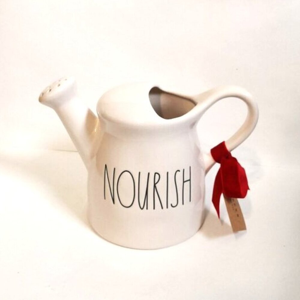 Rae Dunn Nourish White Ceramic Watering Can Vase 9"Lx5 1/2"Wx6 3/8"H